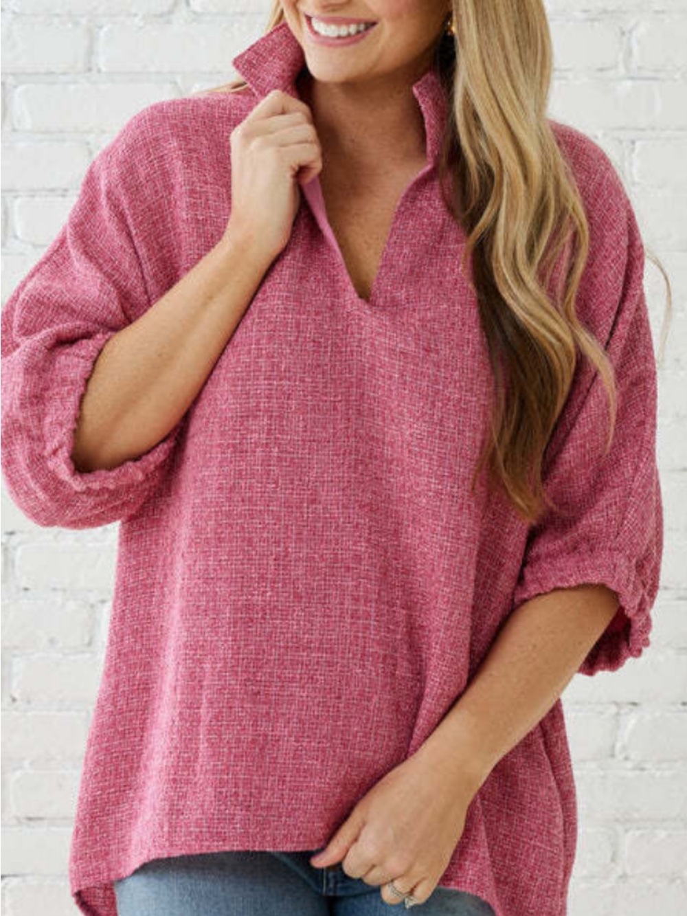 Women's Collared V-Neck Tunic in Rose Pink